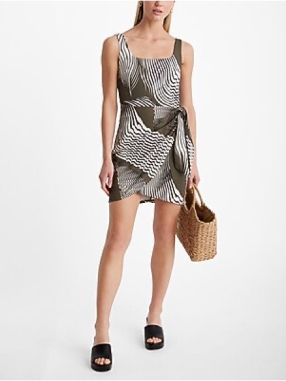 Express Olive & White Striped Tie-Waist Mini Dress